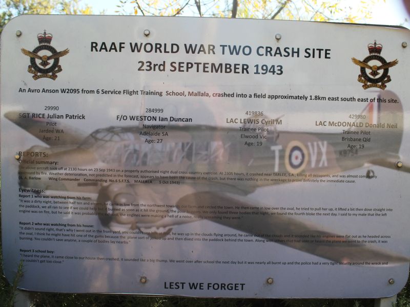 Memorial Plaque at Tarlee War Memorial, 1.8km from crash site. 