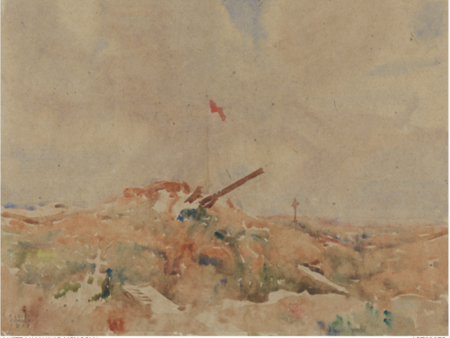 Mouquet farm, Pozieres, Fred Leist, 1917. Watercolour sketch depicting the wrecked buildings of Mouquet farm in Pozieres. The image shows trench lines surrounding a pile of rubble with war graves marked with crosses.