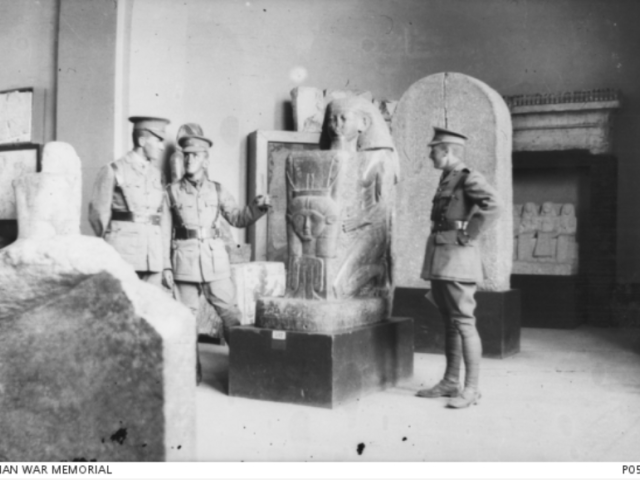 Three Australian soldiers of the 13th Battalion visiting a museum, Egypt, 1915. Lt Frederick Wilson is at centre