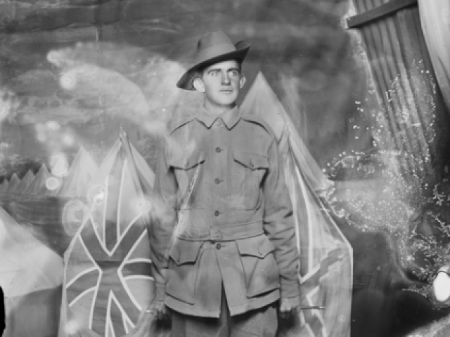 Studio portrait of 4273 Private (Pte) John Marshall Rose, 5th Battalion, of Malmsbury, Vic. c.1915