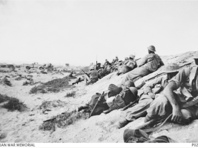 Soldiers of the 2/3rd Australian Pioneer Battalion dug in close to the railway embankment on the south side, near the Blockhouse during the battle of El Alamein, 1942
