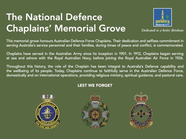 The text on the interpretative sign for The National Defence Chaplains' Memorial Grove in Toowong's Anzac Park, since 19 April 2024.