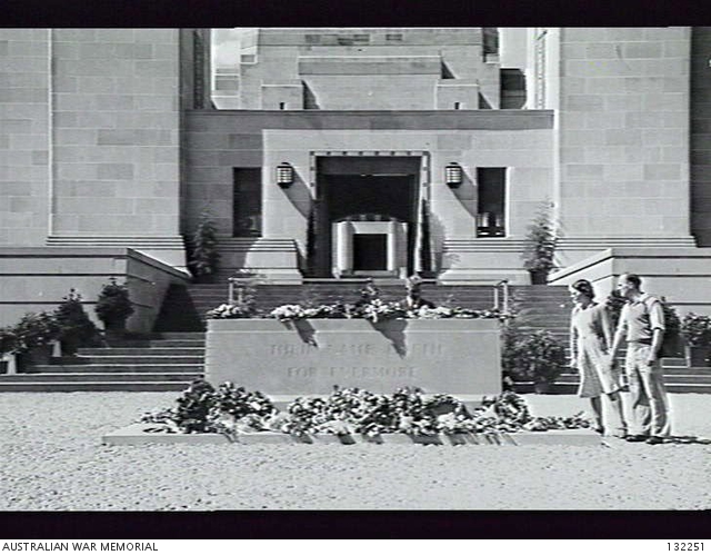 Wreaths cover the Stone of Remembrance at the Australian War Memorial, November 1946 Photographer: D.H. Wilson. 132251