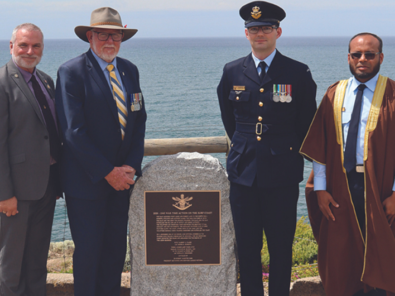 Left to right: Torquay RSL secretary Daryll Topp, RSL Victoria president Dr Robert Webster, No.21 (City of Melbourne) Squadron executive officer Squadron Leader Samuel Bartlett and Chaplain (Flight Lieutenant) Abdul Kader.