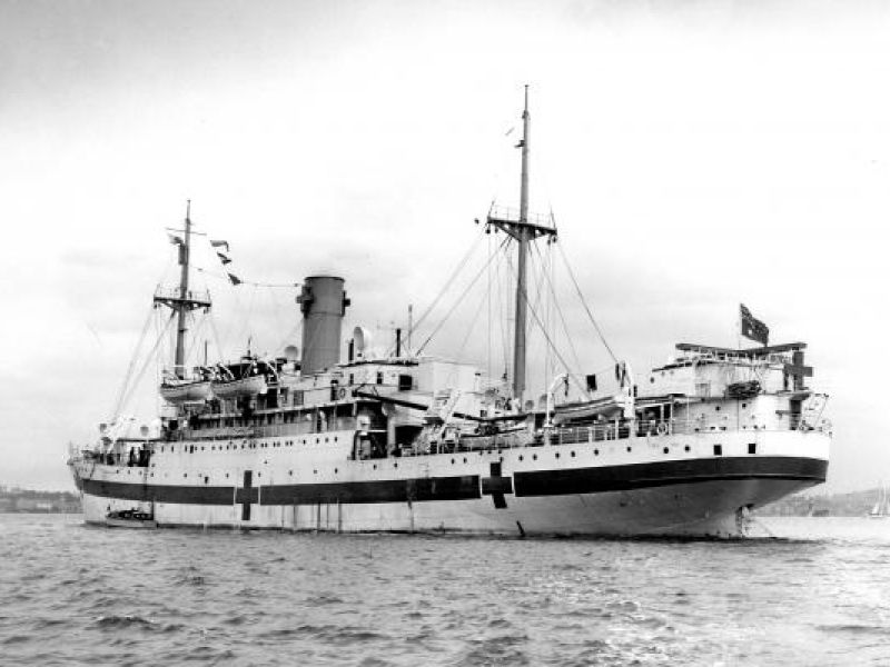 AHS Centaur. The Japanese torpedo would strike the ship approximately where the small launch can be seen tied to the Jacob’s ladder on the port side for’ard. Photo: Australian War Memorial