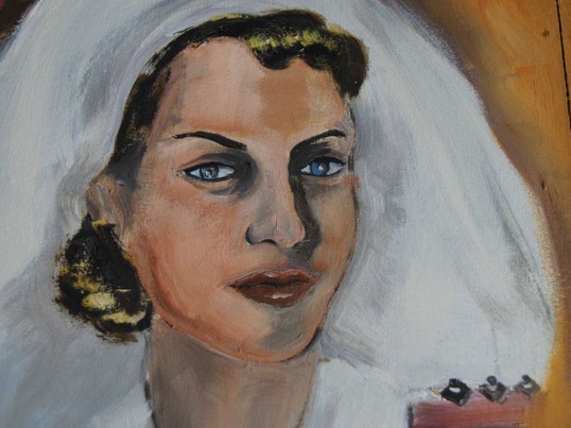 An image of an Australian nurse that forms part of Robert Doyle’s mural in Yuleba, west of Brisbane. Professional art conservators have spent a week in August working on the mural to repair damage to the work from it’s nearly 60 years on display inside the Yuleba War Memorial Hall. 