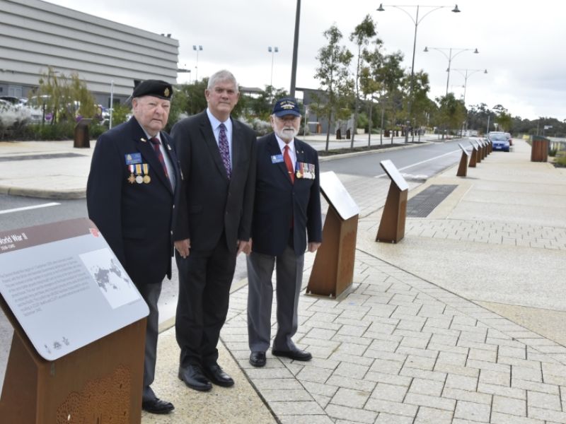 Memorial walk. l-r Arthur Stanton (City of Cockburn RSL Memorial Advisor and PR Officer), City of Cockburn Mayor Logan Howlett and Digger Cleak (City of Cockburn RSL President). 