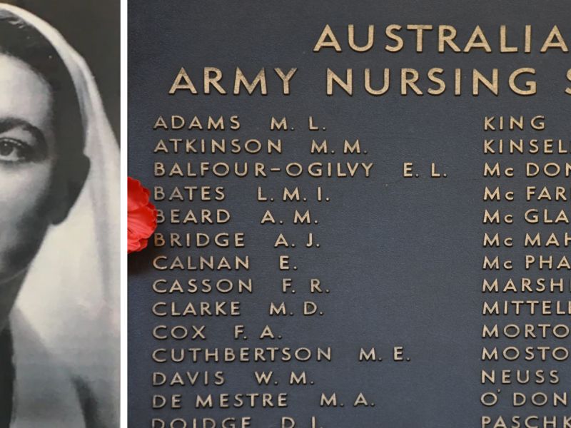 Sister Alma Beard (ABC News) and her name on the AANS Roll of Honour at the AWM