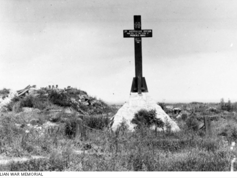 Pozieres, France. 1919. The windmill site at Pozieres Ridge with the 2nd Australian Division, AIF, Memorial Cross, image credit: SH Harding