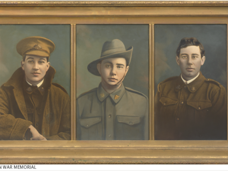 three brothers (left to right) Private Kenneth George Douglas; Lance Corporal Alan Edward Douglas; and Lance Sergeant Gordon Leslie Douglas, c.1916.