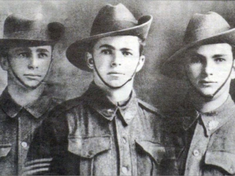 Dalziell brothers from left Walter Edward, George Christopher, and Ernest Rewell, c. 1916. Photo credit: Neville Browning
