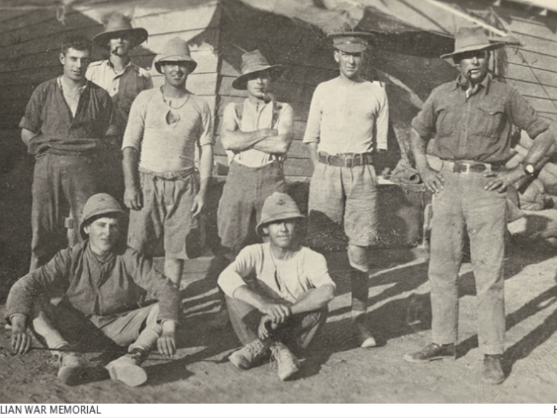 Egypt. c. 1915. Camp photograph of eight members of the 3rd Light Horse Regiment, AIF, believed to be at Wardan.