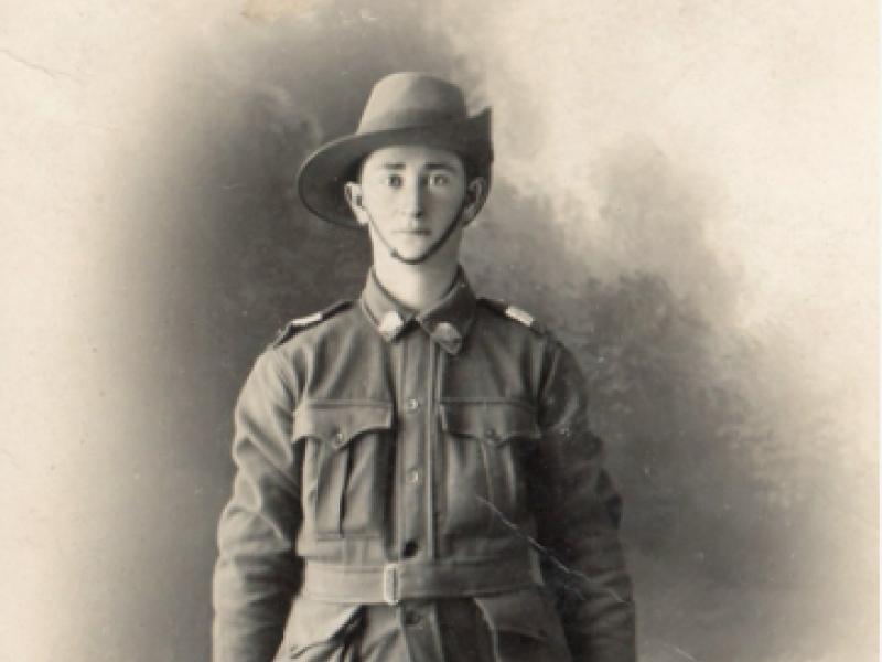 Studio portrait of 1220 Private Alfred Charles Gooda, Light Trench Mortar Battery, c.1916