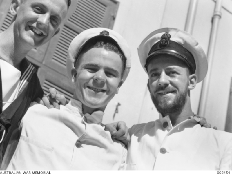 HMAS Sydney liberty men at the Fleet Club, Able Seaman Edmund Sturgeon Rolfe, Leading Stewards Walter Edward Bettinson and R Edwards, 1940. Rolfe and Bettinson were KIA on the Sydney