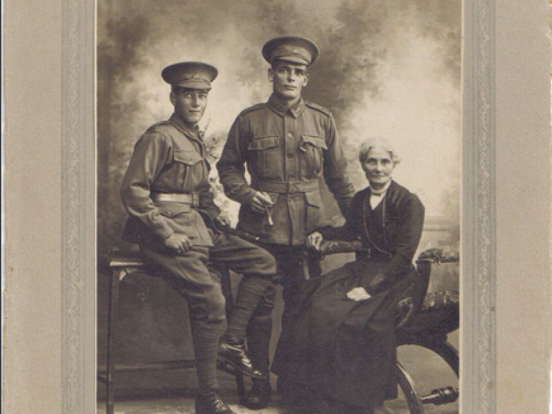 Willie and Gerald Campion with their mother before embarkation, c.1915. Photo courtesy of the family, Virtual War Memorial 