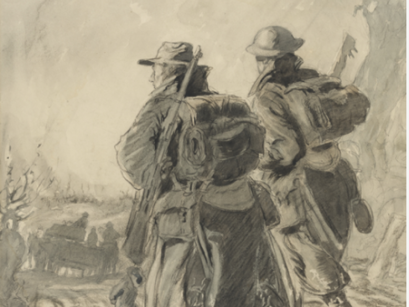 “Looking for the battalion” depicts two soldiers with full kit walking in a war damaged landscape, along the Western Front, France. Artist: Will Dyson, 1917