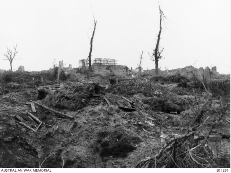 View of the ruins of Messines, in Belgium. The foreground is littered with debris, 1917. 