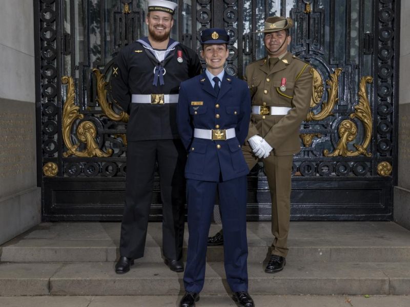 (l-r) Able Seaman Zachary Duke, Leading Aircraftwoman Caylee Wallis and Private Wayne Fourmile from Australia’s Federation Guard at the Australian High Commission in London during preparation for The Queen’s Platinum Jubilee.
