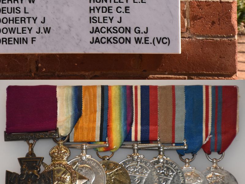 Composite image of the marble panel, bearing Jackson's name, on the gate pillar of Hillston Memorial Park, with beneath Jackson's medals on display at the AWM