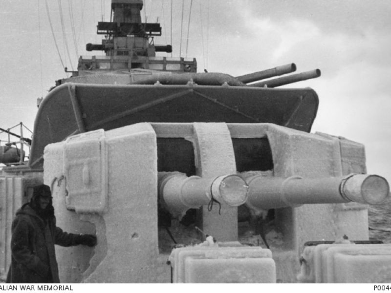 A heavily-iced H.M.A.S. Bataan on patrol off the North Korean coast in 1952