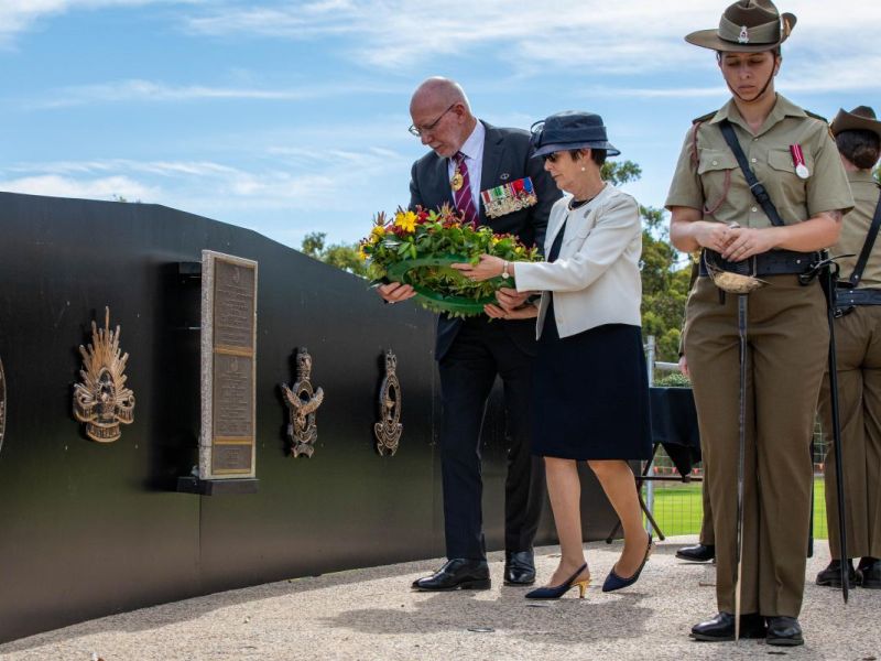 Governor-General Gen (retd) David Hurley and Mrs Linda Hurley lay a wreath during the ceremony for the 80th anniversary of the Bangka Island massacre at the Women's Memorial Playing Fields in Adelaide. Photo: Private Haidarr Mohammed