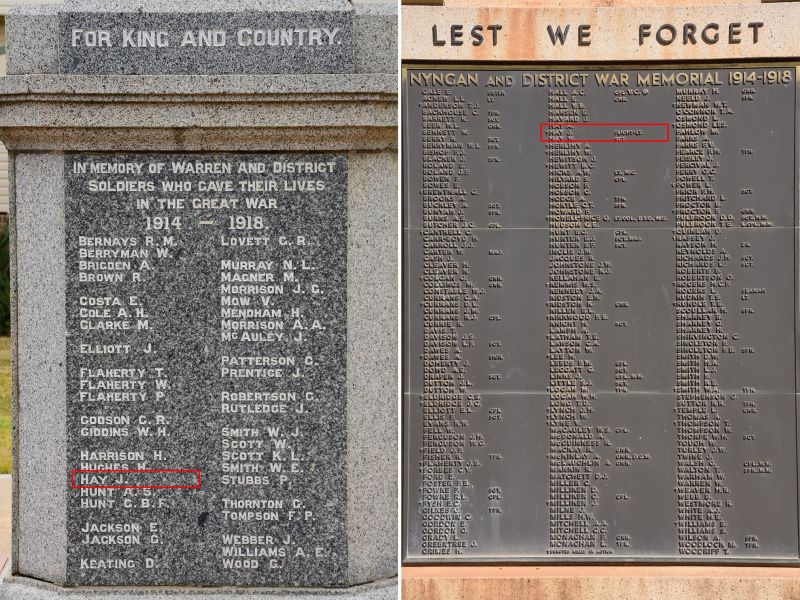 John Hay's name on the Warren and Nyngan Memorials