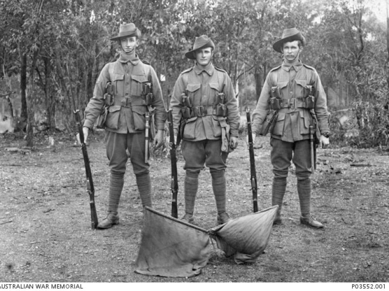 left to right: 2118 Corporal Albert Wyndham Maxwell; 2063 Private Francis Lawrence Dwyer; 2115 Pte Alban Edward Sandover Marshall