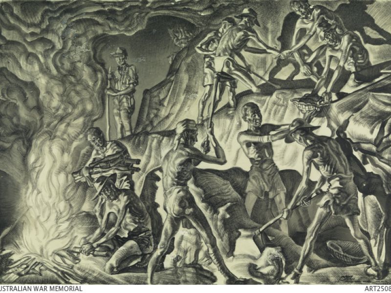 scene of 'F' Force men excavating earth for the railway cutting, ART25081 AWM