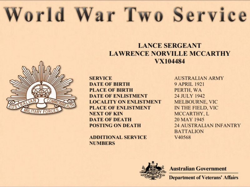 VX104484 Lance Sergeant Lawrence Norville McCarthy, 24th Battalion