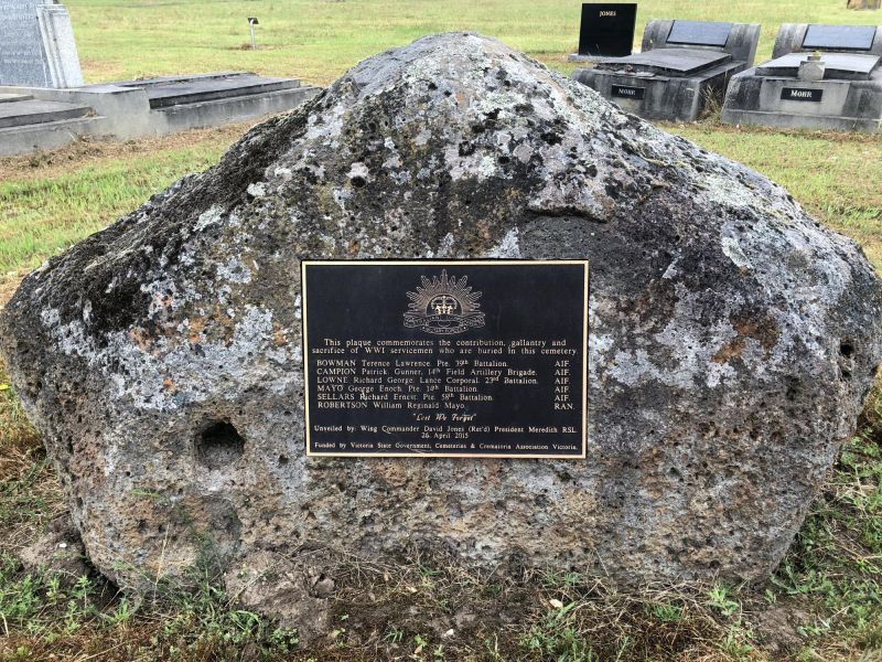 Memorial dedicated to Meredith district residents who served in WW1 and are buried in the cemetery