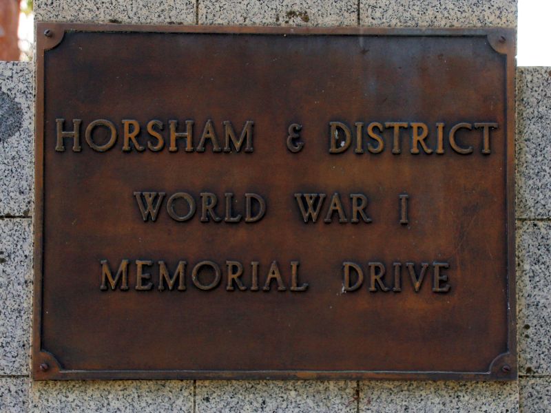 Horsham and District World War I Memorial Plaque at Entrance to the Drive