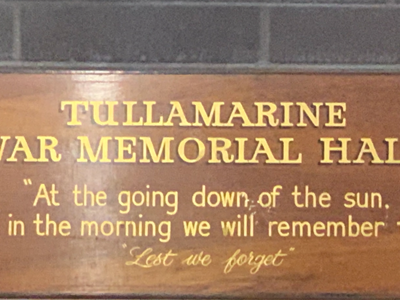 Tullamarine War Memorial Hall sign inside doorway