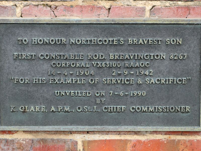 Northcote Police Station Breavington Memorial Plaque