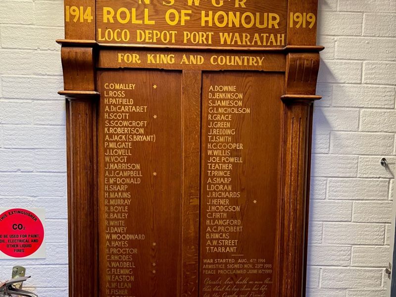 Honor Roll 1914 to 1919 Port Waratah Loco Depot