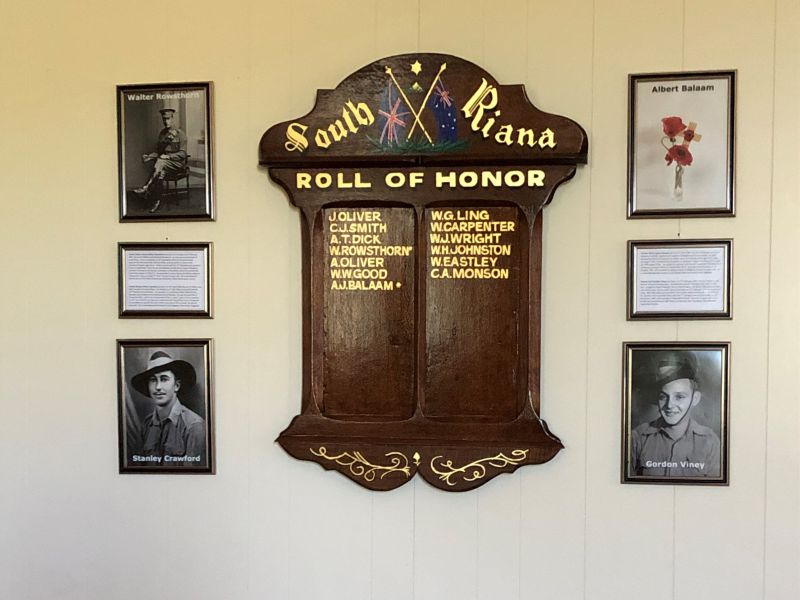 World War One Honour Board with photos and story on either side of it of the four men from South Riana who made the ultimate sacrifice in World War One and World War Two.