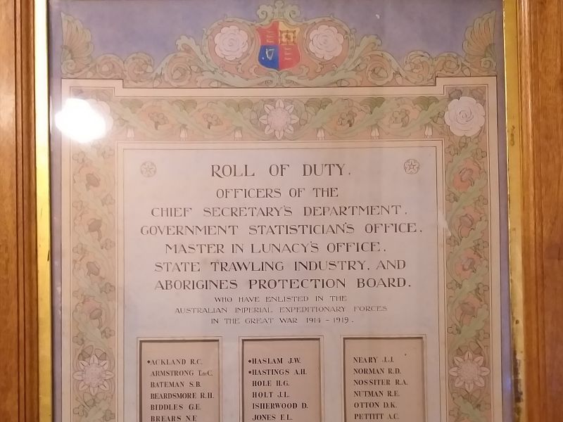 Officers of the Chief Secretaries Department, Government Statisticians Office, Master in Lunacy's Office, State Trawling Industry & Aborigines Protection Board Roll of Duty