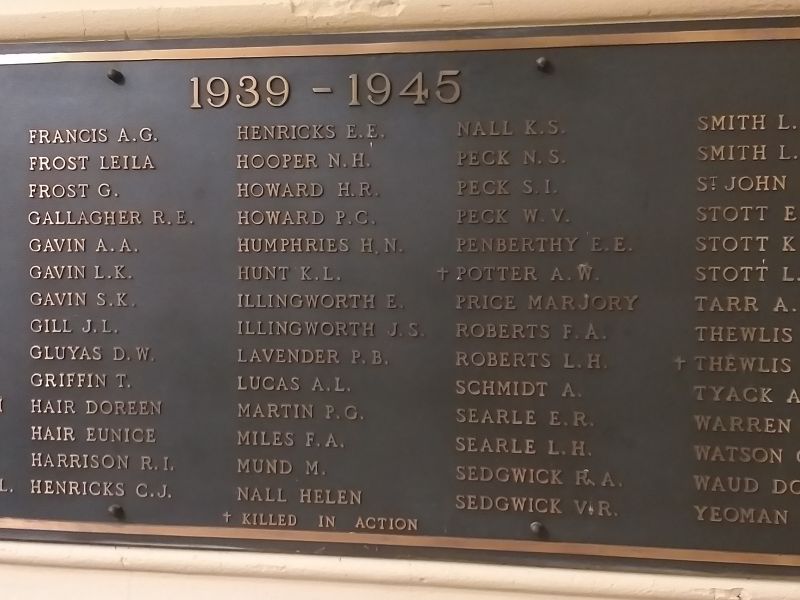 Yarra Street Methodist Church Honor Roll WW2