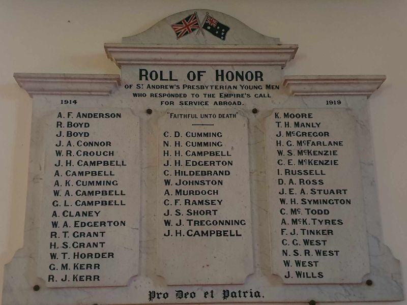 St Andrews Presbyterian Church Bacchus Marsh Roll of Honor