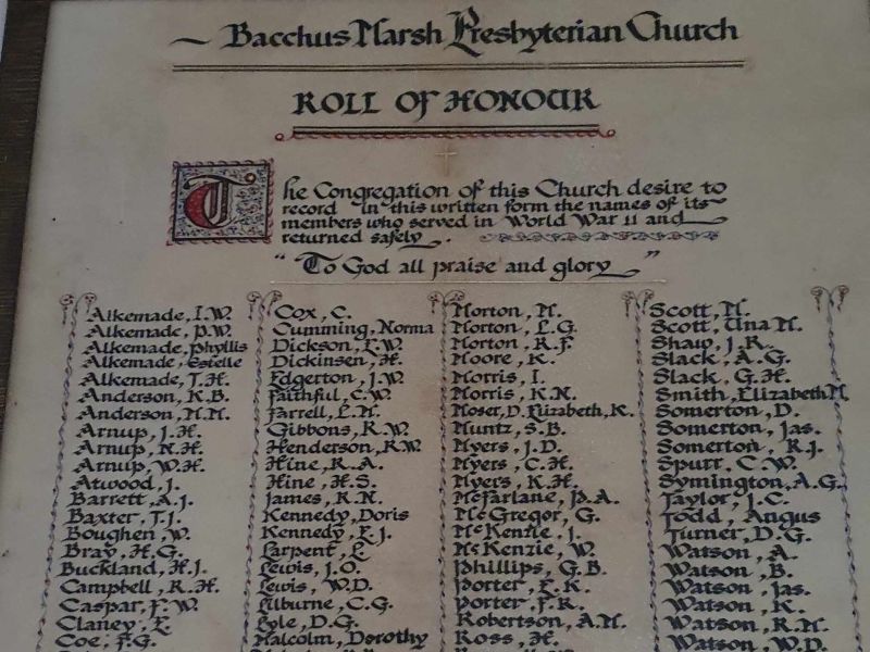 St Andrews Pres Church, Bacchus Marsh Roll of Honour WW2 