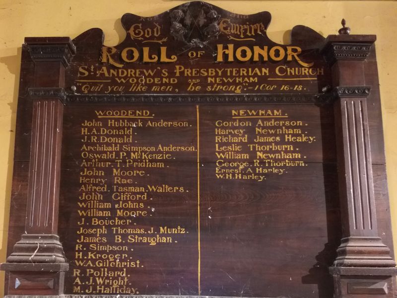 St Andrews Pres Church Woodend & Newham Roll of Honor (Woodend Unit Ch)