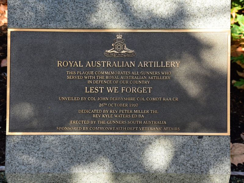 The plaque commemorating the Royal Regiment of Australian Artillery