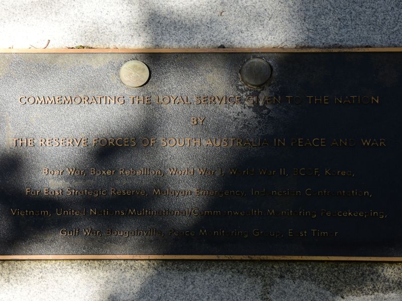 The plaque commemorating the Reserve Forces of South Australia