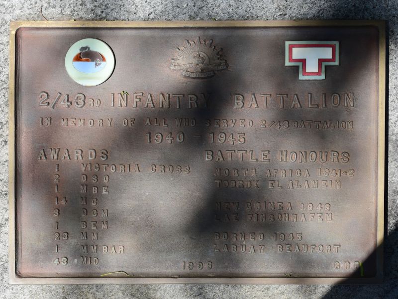 The plaque commemorating the 2/43 Battalion of the 2nd AIF