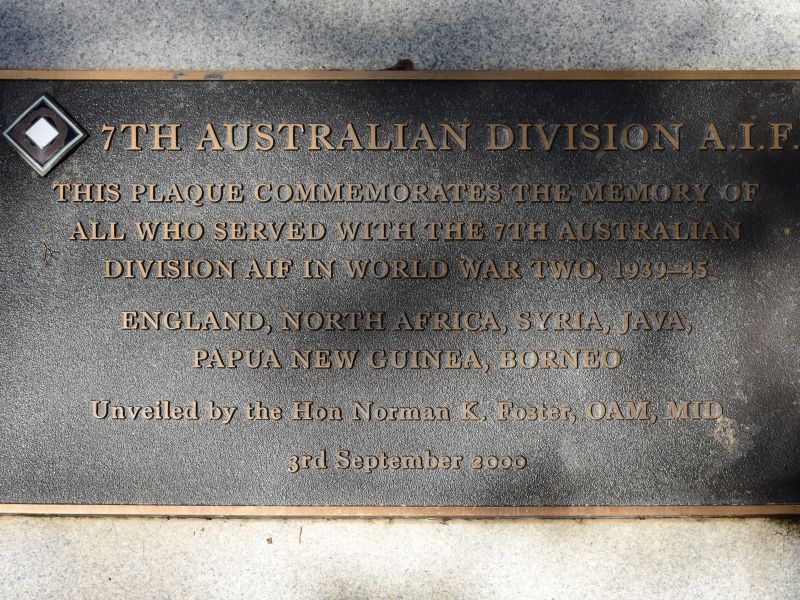 The plaque commemorating those who served in the 7th Australian Division during the Second World War