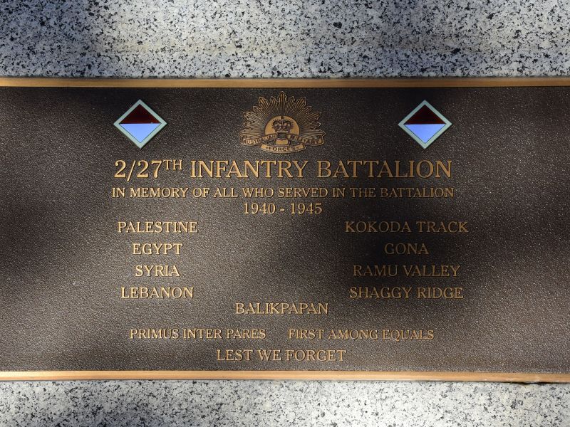 The plaque commemorating those who served in the 2/27th Infantry Battalion during the Second World War