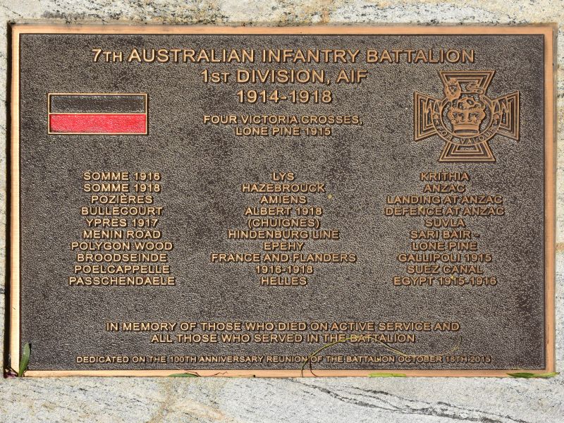 The plaque commemorating those who served in the 7th Australian Infantry Battalion AIF