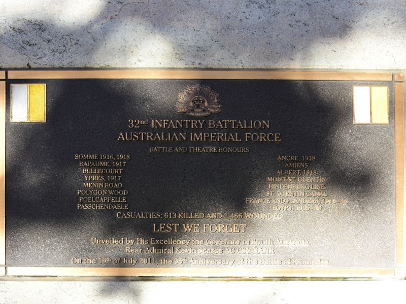 The plaque commemorating the 32nd Infantry Battalion of the First World War