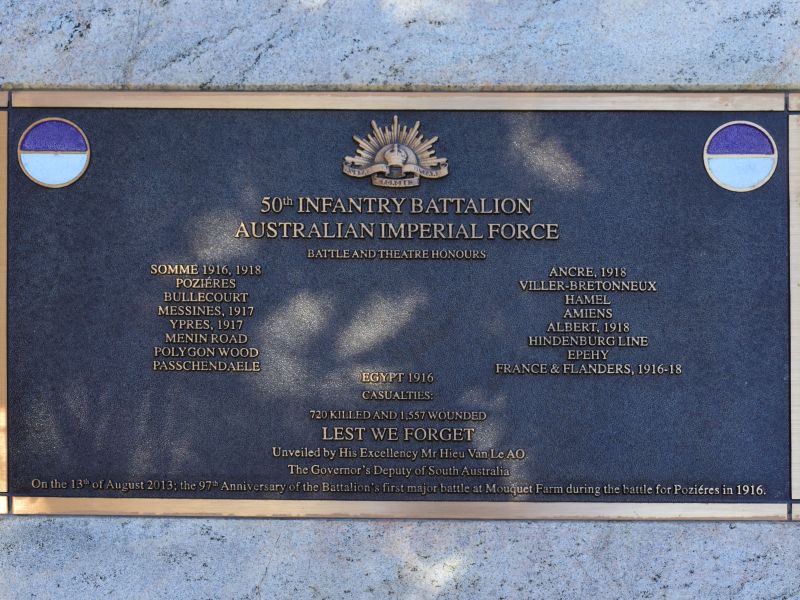 The plaque commemorating the 50th Infantry Battalion of the First World War