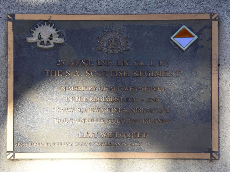 The plaque commemorating those who served in the 27th Infantry Battalion, The S.A. Scottish Regiment during the Second World War