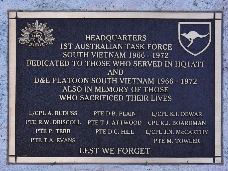 The plaque commemorating those who served in HQ1ATF and in D&E Platoon